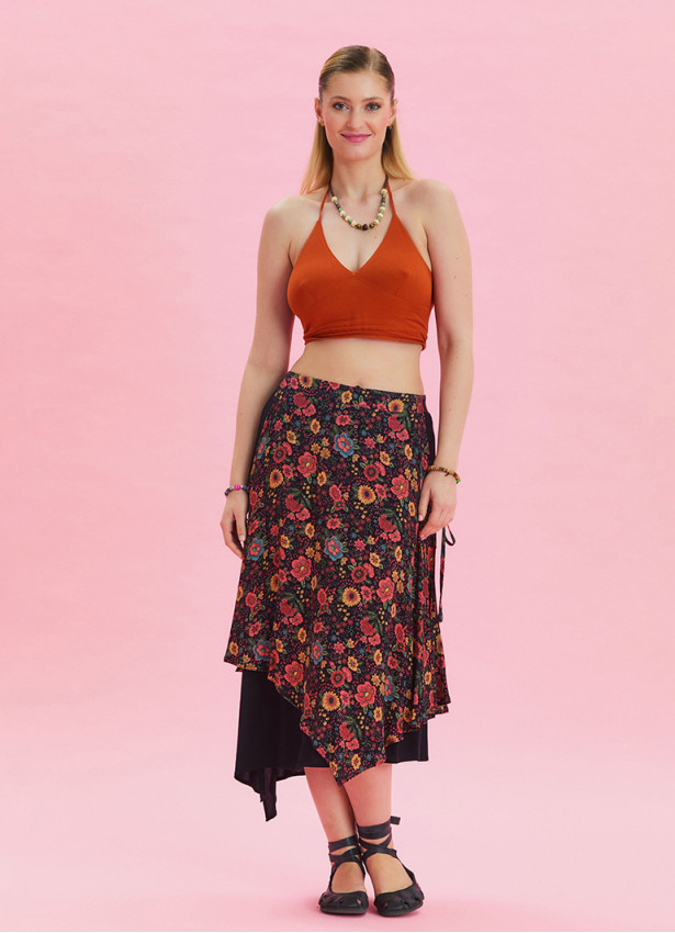 Floral Print Skirt with Elastic Waist and Tie Detail 4523